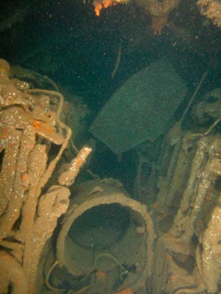 Oil-tank obstruction inside U-869 wreck.